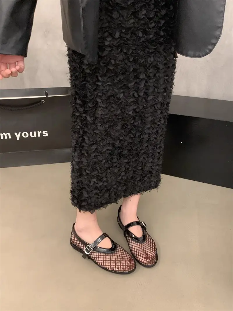 Round-toe Mesh Buckle Ballet Shoes Women's Ins Full Flash Flat Hollow Mary Jane Sandals Fishnet Shoes - Image 4