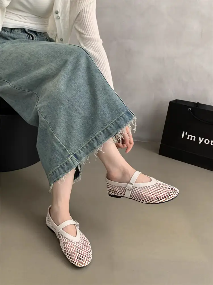 Round-toe Mesh Buckle Ballet Shoes Women's Ins Full Flash Flat Hollow Mary Jane Sandals Fishnet Shoes - Image 5