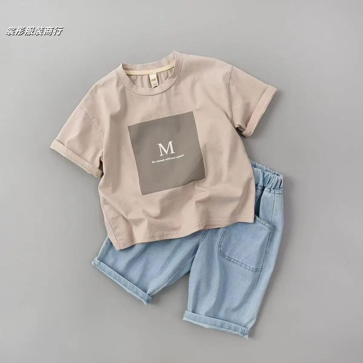Women's 2Pc Cotton T-Shirt Set Beige Light Blue Short Sleeve — feature 5