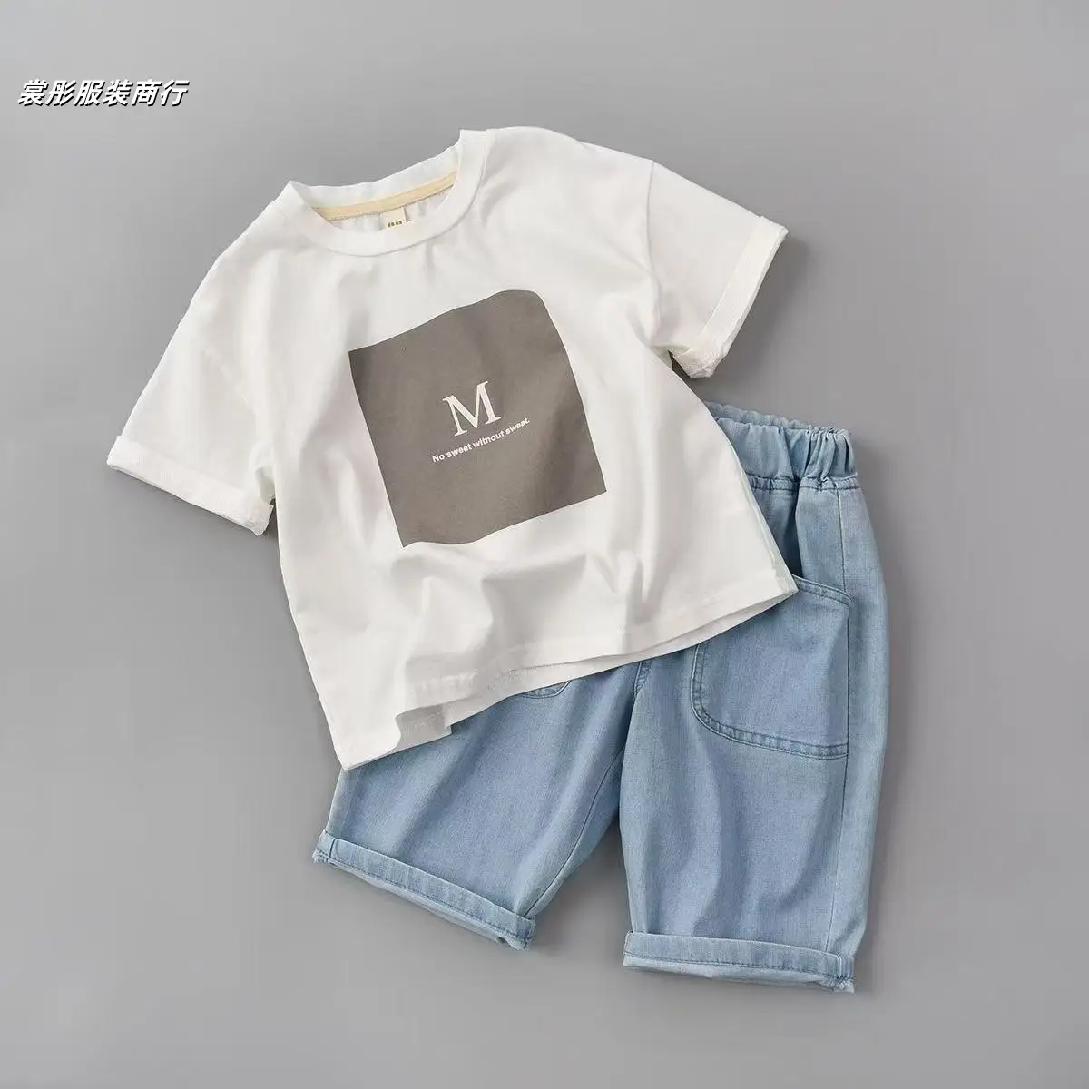 Women's 2Pc Cotton T-Shirt Set Beige Light Blue Short Sleeve - Image 2