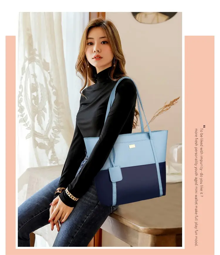 Women's Blue Navy Split Tote Bag Large Capacity Leather — feature 13