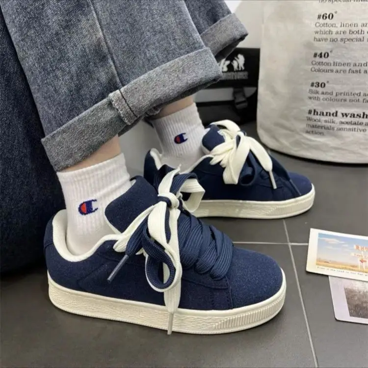Women's Blue Vintage Platform Board Shoes Low-Top Double Lace-up - Image 4