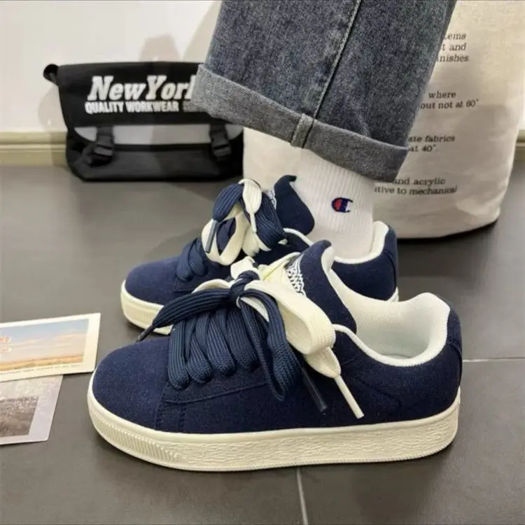 Women's Blue Vintage Platform Board Shoes Low-Top Double Lace-up - Image 5