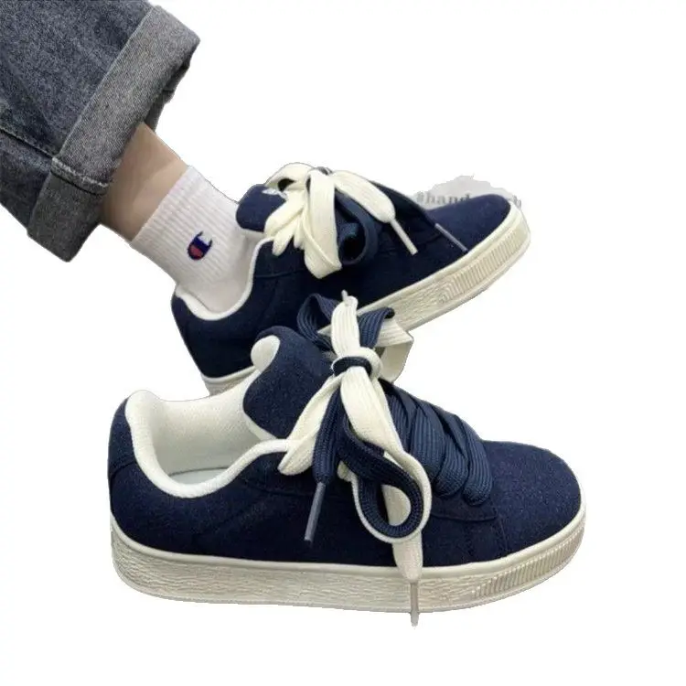 Women's Blue Vintage Platform Board Shoes Low-Top Double Lace-up - Image 6