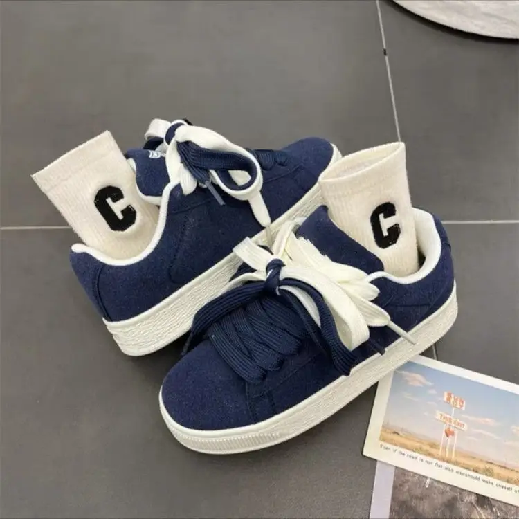 Women's Blue Vintage Platform Board Shoes Low-Top Double Lace-up — feature 10
