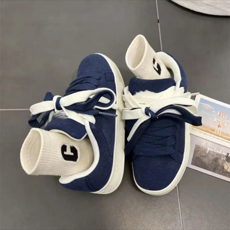 Women's Blue Vintage Platform Board Shoes Low-Top Double Lace-up — feature 11