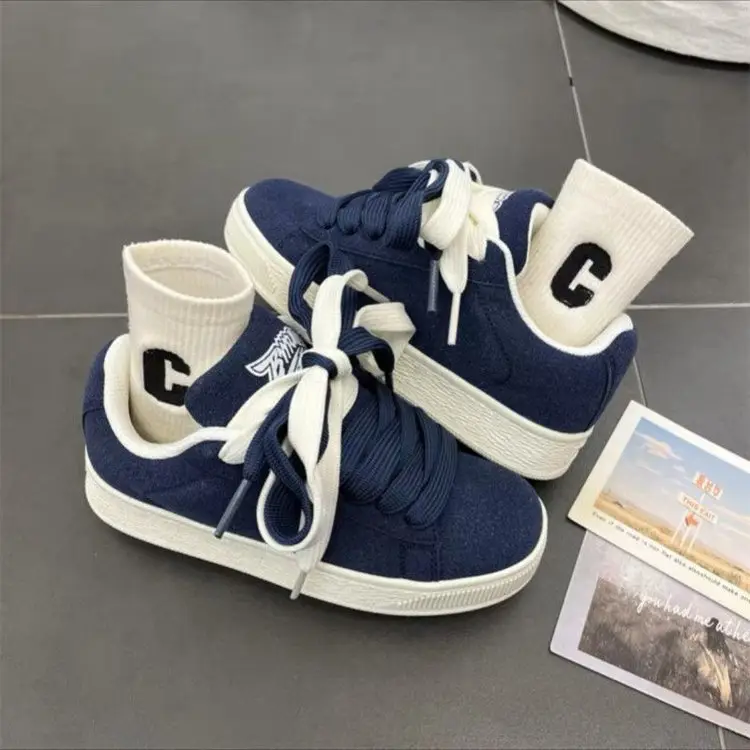 Women's Blue Vintage Platform Board Shoes Low-Top Double Lace-up — feature 12