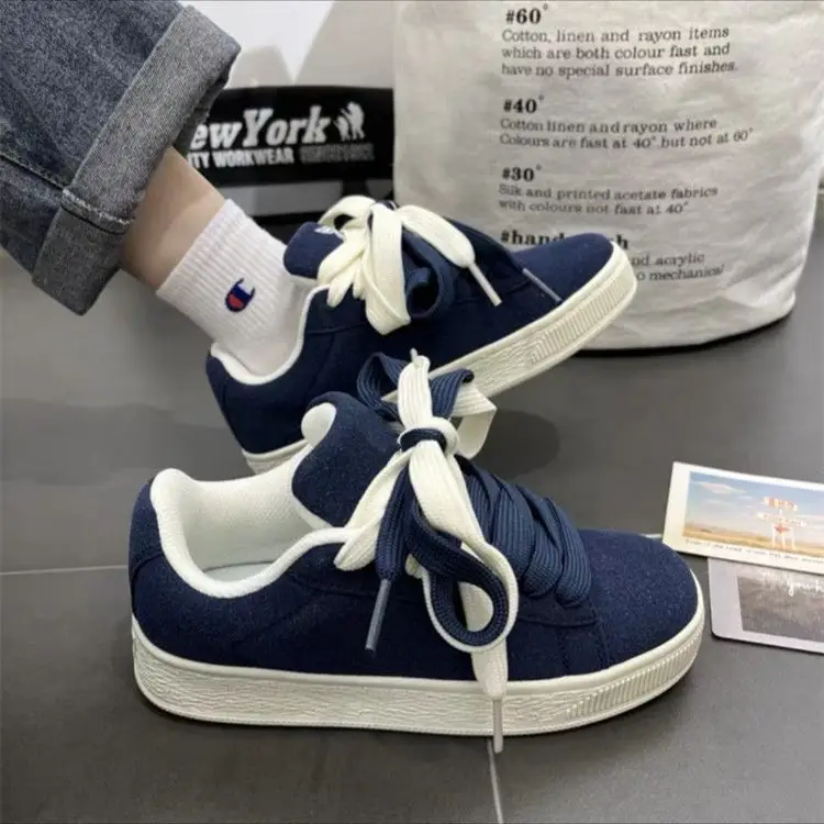 Women's Blue Vintage Platform Board Shoes Low-Top Double Lace-up — feature 8