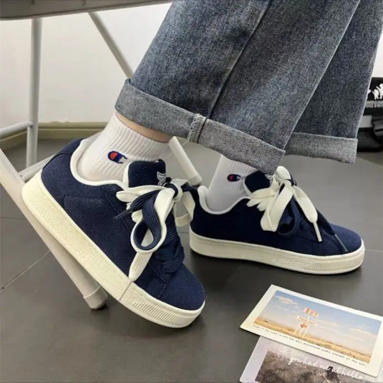 Women's Blue Vintage Platform Board Shoes Low-Top Double Lace-up — feature 9