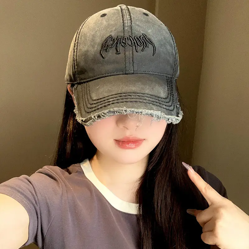 Vintage Distressed Cap with Letter Embroidery for Women