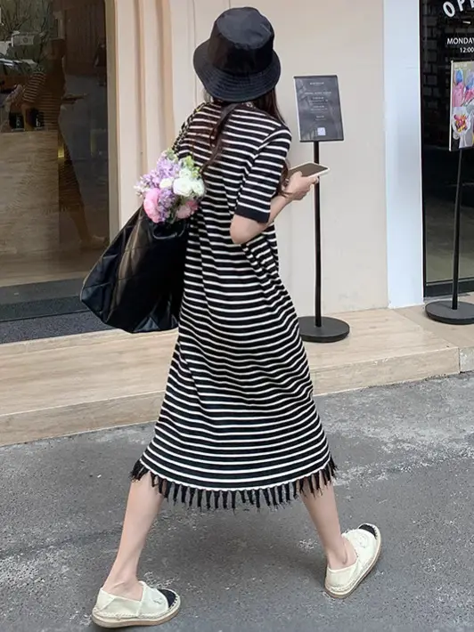 Striped Striped Dress with Fringe Hem and Loose Sleeve - Image 3