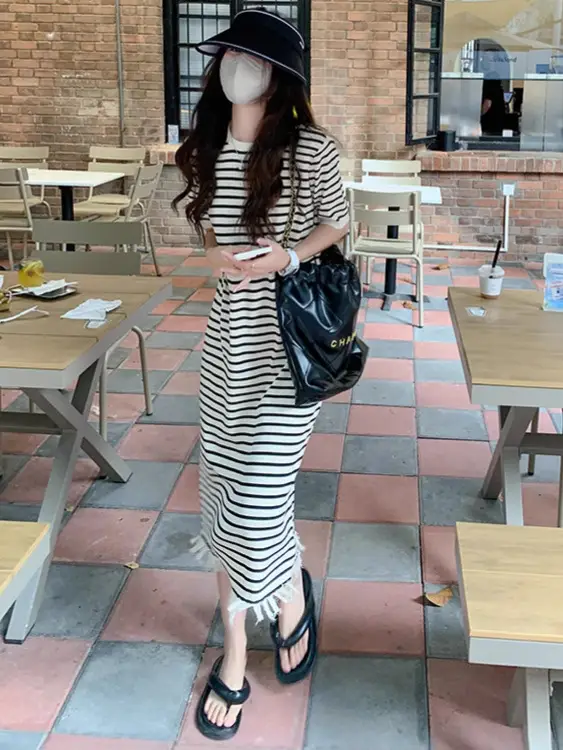 Striped Striped Dress with Fringe Hem and Loose Sleeve - Image 4
