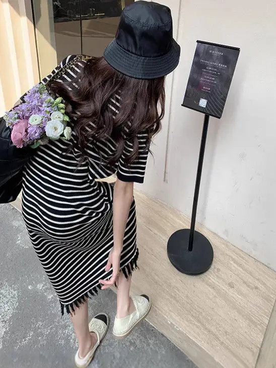 Striped Striped Dress with Fringe Hem and Loose Sleeve - Image 5