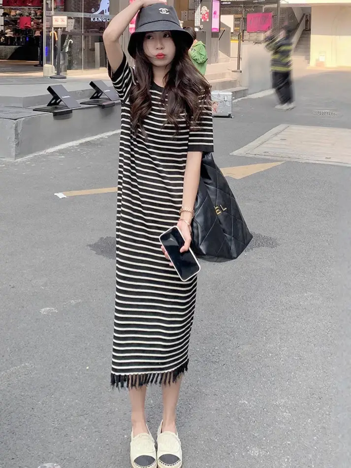Striped Striped Dress with Fringe Hem and Loose Sleeve - Image 6