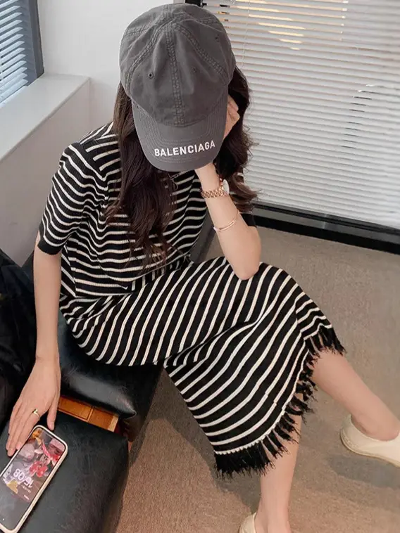Striped Striped Dress with Fringe Hem and Loose Sleeve - Image 7