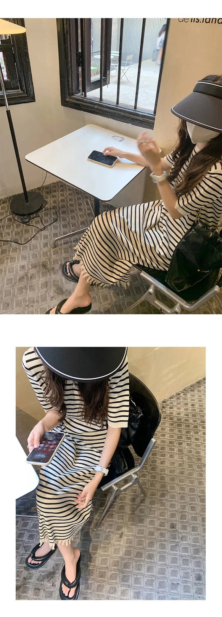 Striped Striped Dress with Fringe Hem and Loose Sleeve — feature 10