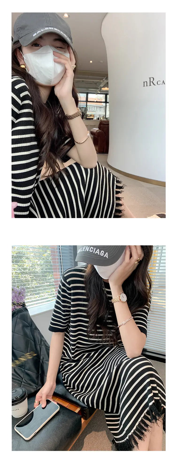 Striped Striped Dress with Fringe Hem and Loose Sleeve — feature 12