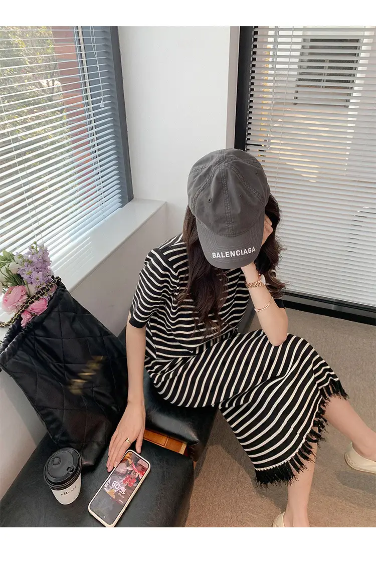 Striped Striped Dress with Fringe Hem and Loose Sleeve — feature 13