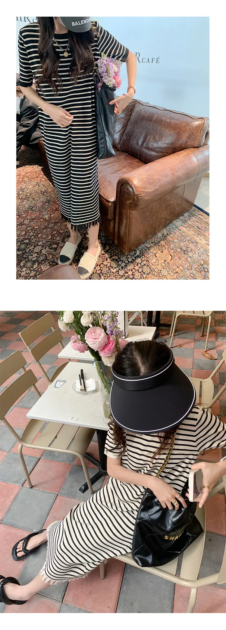 Striped Striped Dress with Fringe Hem and Loose Sleeve — feature 5