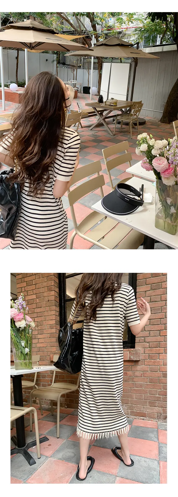 Striped Striped Dress with Fringe Hem and Loose Sleeve — feature 7