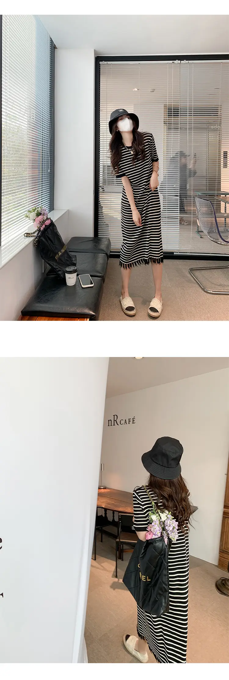 Striped Striped Dress with Fringe Hem and Loose Sleeve — feature 8