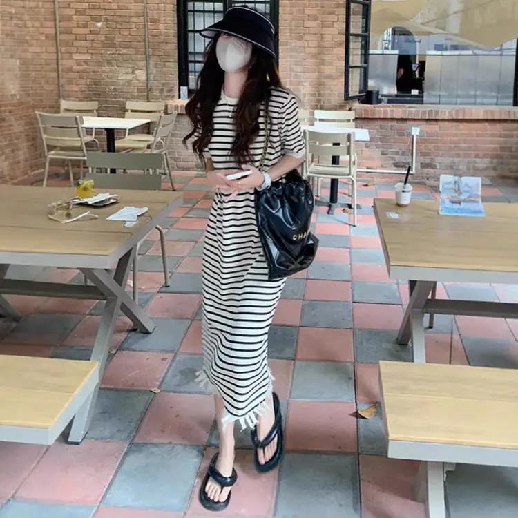 Striped Striped Dress with Fringe Hem and Loose Sleeve - Image 2