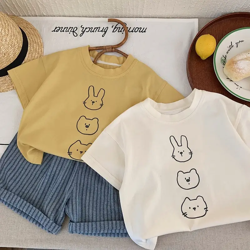 Children Summer Bunny Print T-Shirt Yellow White Loose Fit - Image 2