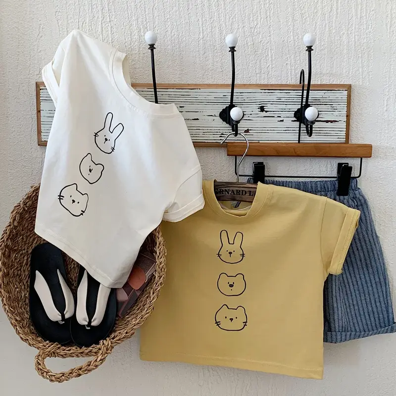 Children Summer Bunny Print T-Shirt Yellow White Loose Fit - Image 4