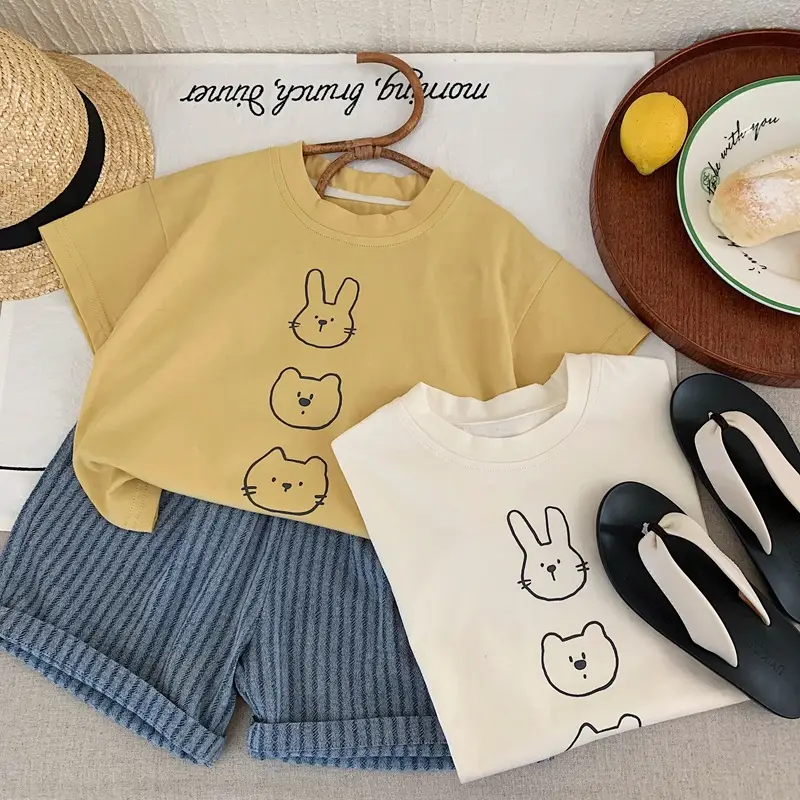 Children Summer Bunny Print T-Shirt Yellow White Loose Fit — feature 10