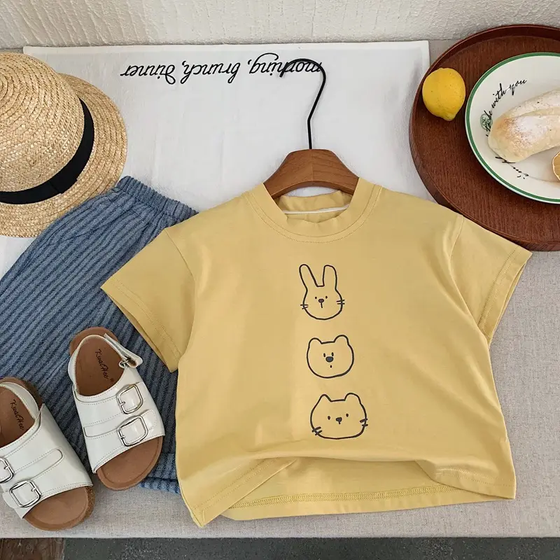 Children Summer Bunny Print T-Shirt Yellow White Loose Fit — feature 4
