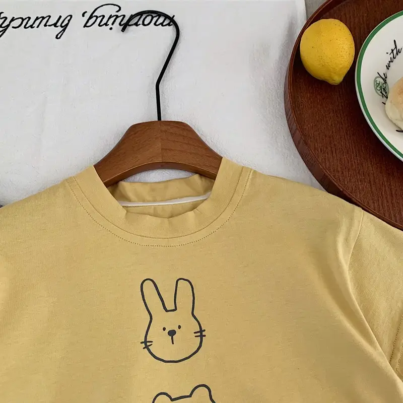 Children Summer Bunny Print T-Shirt Yellow White Loose Fit — feature 5