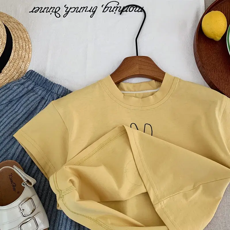 Children Summer Bunny Print T-Shirt Yellow White Loose Fit — feature 6