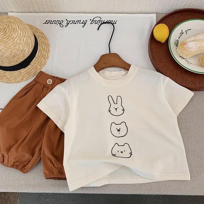 Children Summer Bunny Print T-Shirt Yellow White Loose Fit — feature 7