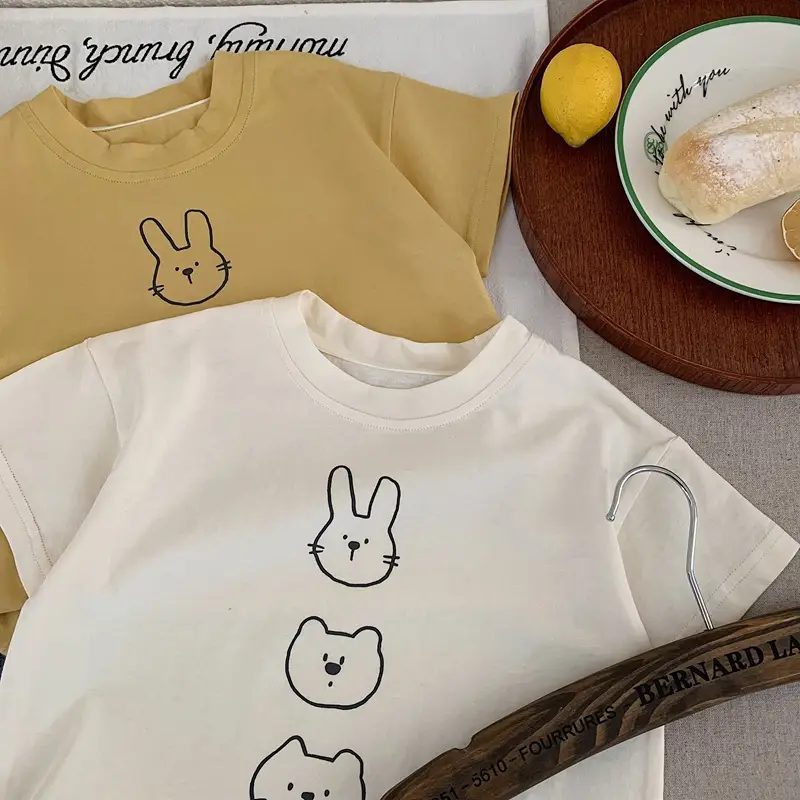 Children Summer Bunny Print T-Shirt Yellow White Loose Fit — feature 8