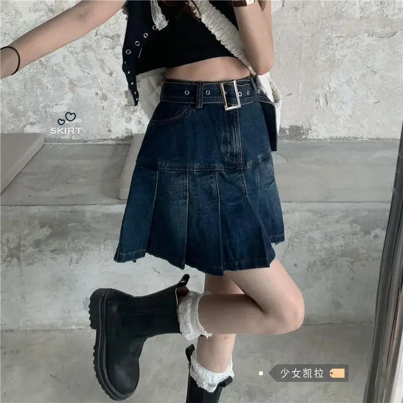 Denim Pleated Skirt Women Dark Blue High Waist 2025