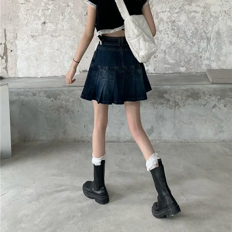 Denim Pleated Skirt Women Dark Blue High Waist 2025