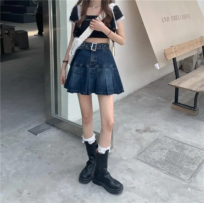 Denim Pleated Skirt Women Dark Blue High Waist 2025 — feature 10