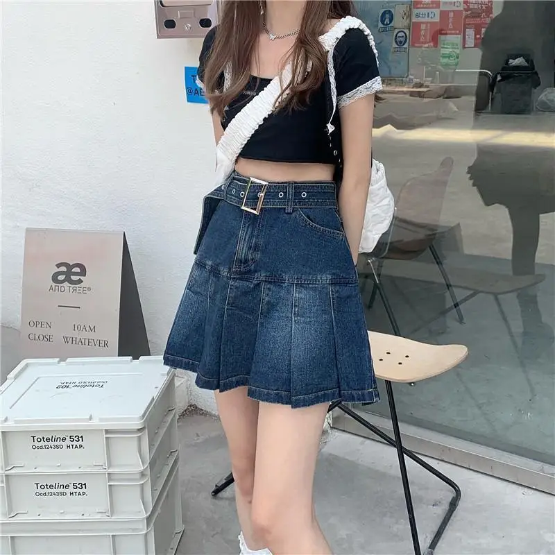 Denim Pleated Skirt Women Dark Blue High Waist 2025 — feature 11