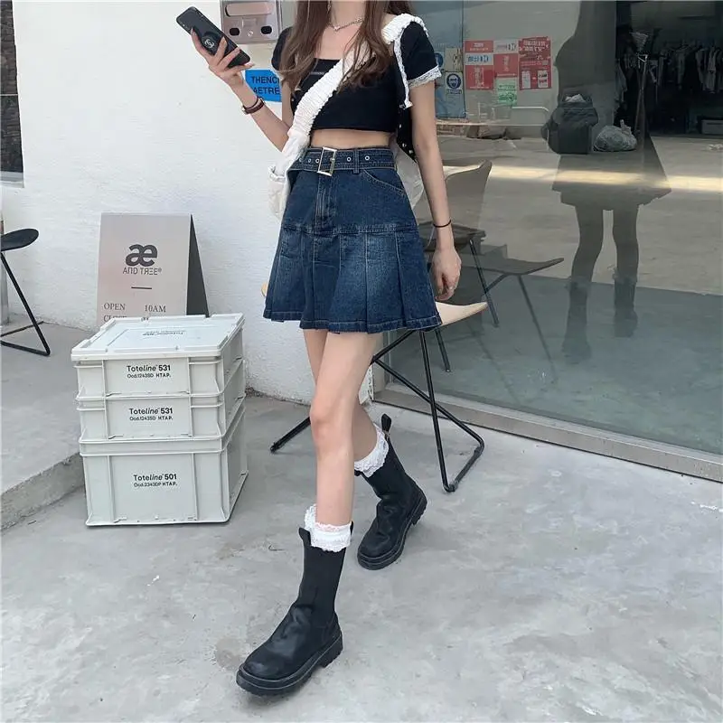 Denim Pleated Skirt Women Dark Blue High Waist 2025 — feature 12