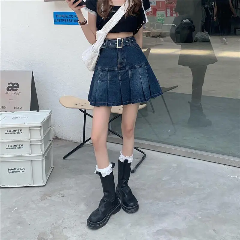Denim Pleated Skirt Women Dark Blue High Waist 2025 — feature 13