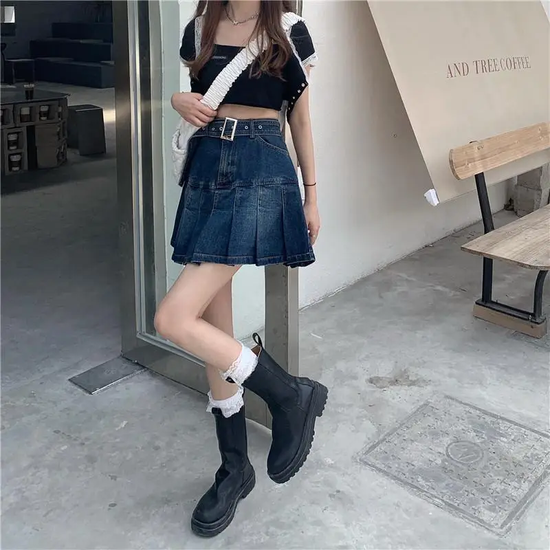 Denim Pleated Skirt Women Dark Blue High Waist 2025 — feature 14