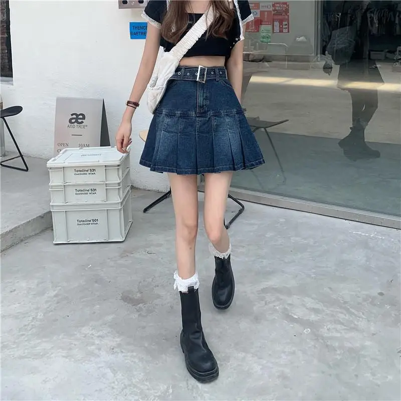 Denim Pleated Skirt Women Dark Blue High Waist 2025 — feature 15