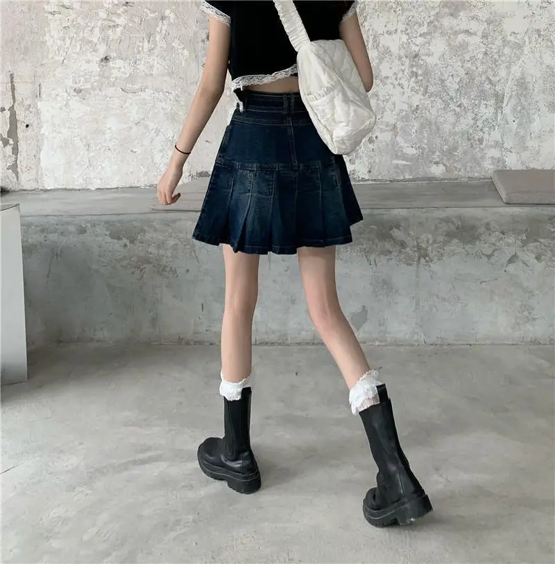 Denim Pleated Skirt Women Dark Blue High Waist 2025 — feature 2