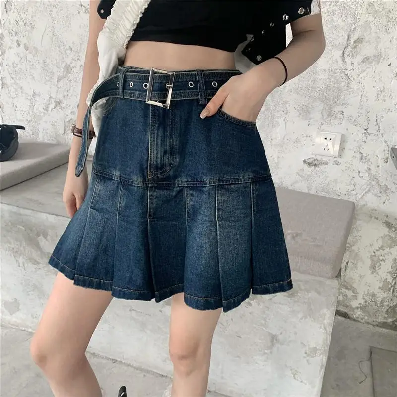 Denim Pleated Skirt Women Dark Blue High Waist 2025 — feature 4