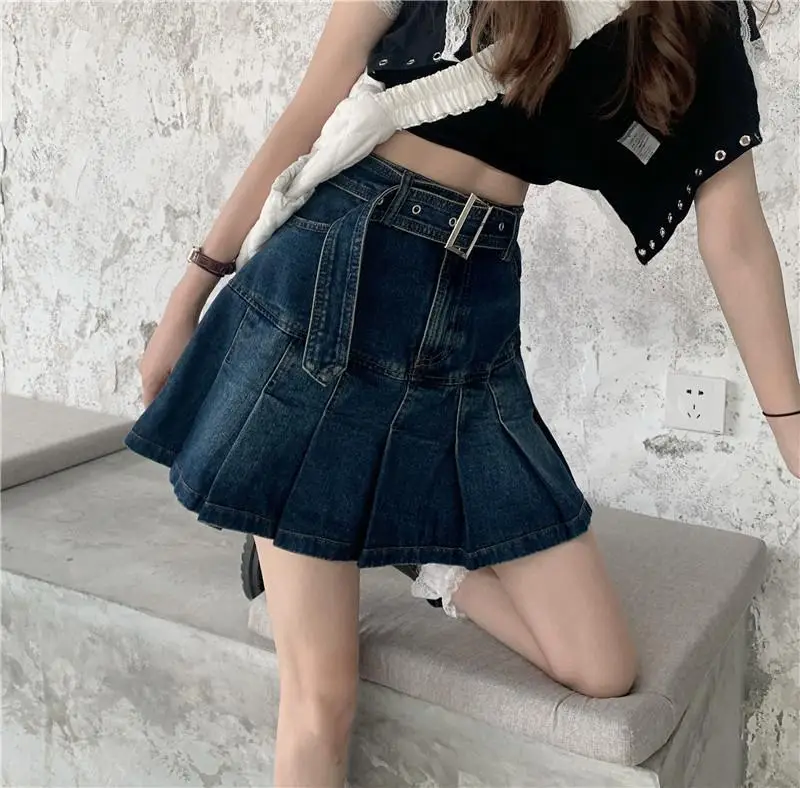 Denim Pleated Skirt Women Dark Blue High Waist 2025 — feature 6