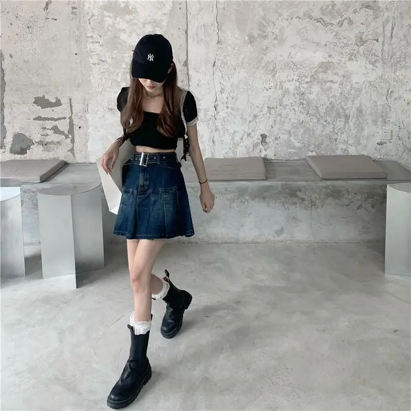 Denim Pleated Skirt Women Dark Blue High Waist 2025 — feature 7