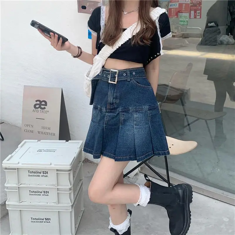 Denim Pleated Skirt Women Dark Blue High Waist 2025 — feature 9
