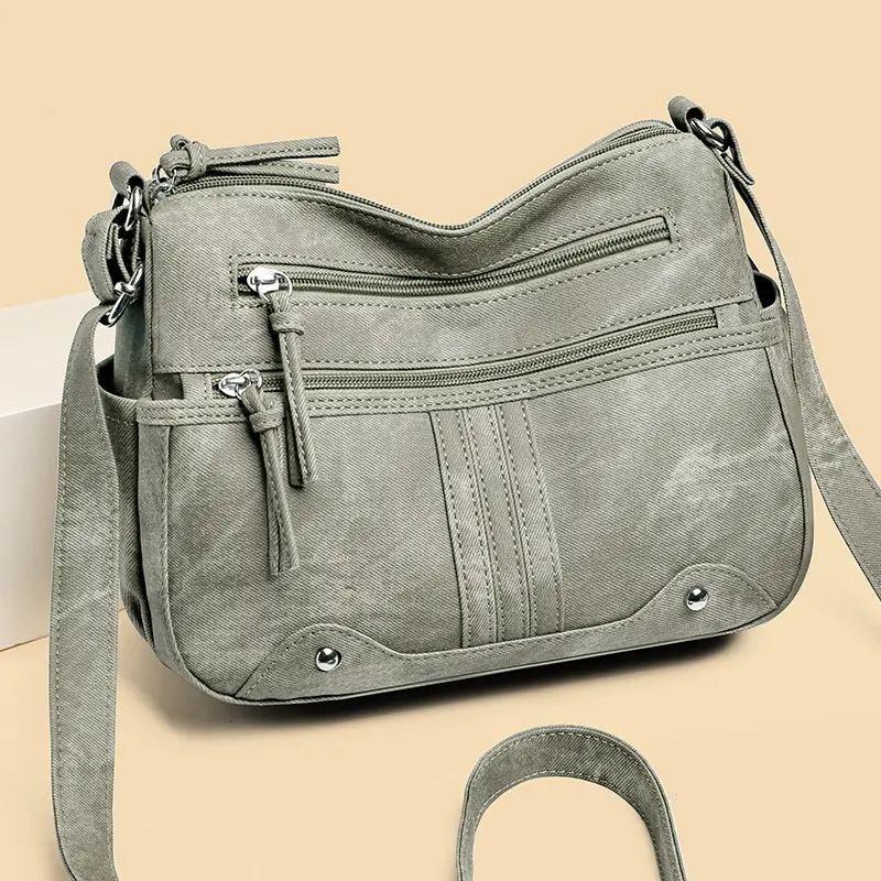 Elegant Grey Women's Shoulder Bag with Zip Pockets - Image 6