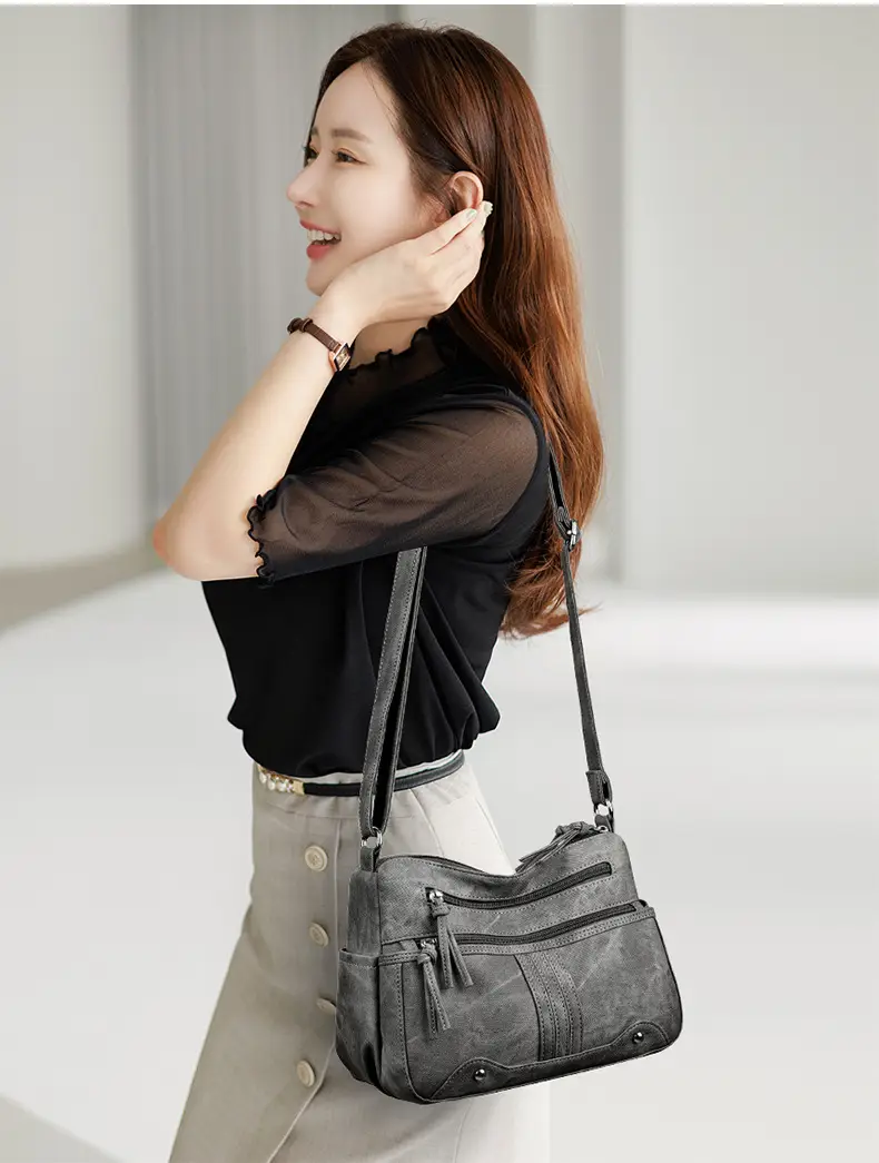 Elegant Grey Women's Shoulder Bag with Zip Pockets — feature 11