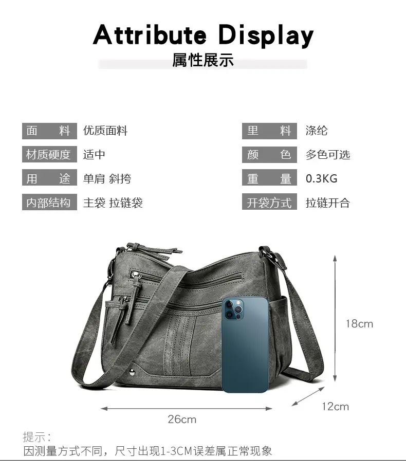 Elegant Grey Women's Shoulder Bag with Zip Pockets — feature 4